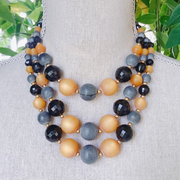 Vintage 1950s Lucite Multi Strand Necklace Black Gray Mustard Halloween Jewelry - Picture 3 of 11